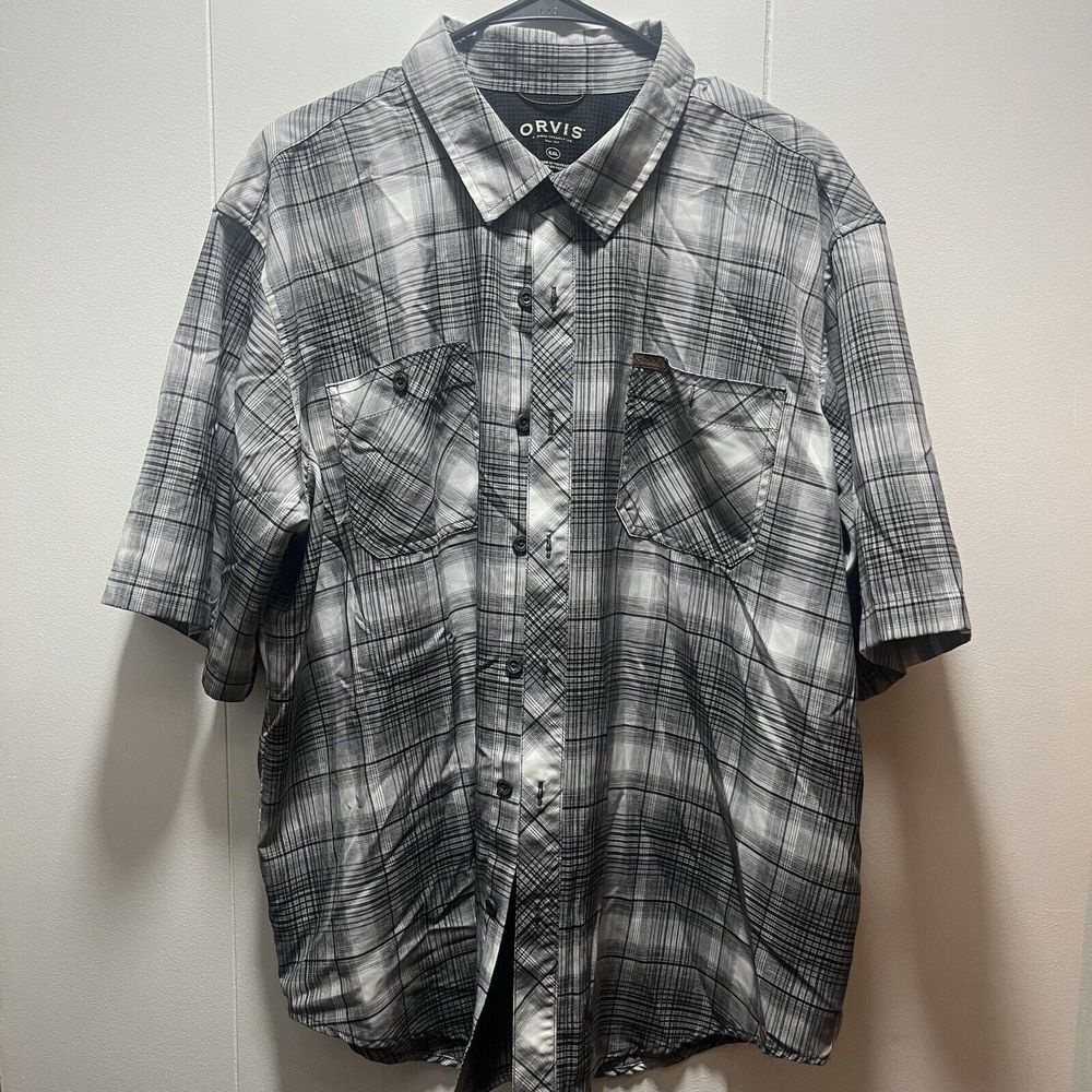 Orvis Shirt Mens Size 2XL XXL Black White Plaid Short Sleeve Outdoor Button Up